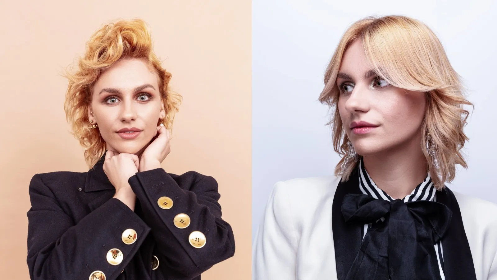 Zwei Frauen mit peachblonden Haaren zeigen aktuelle Frisurentrends: ein strukturierter Shag mit viel Volumen sowie geknetete Wellen mit tiefem Seitenscheitel.